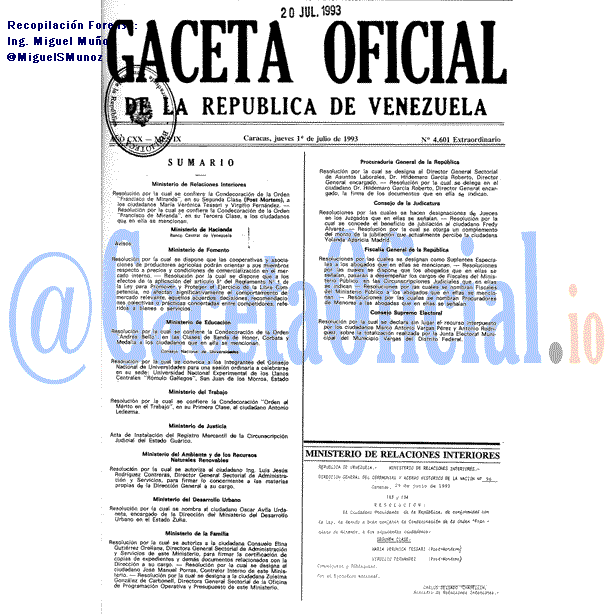 Gaceta Oficial 4601 del 1 Julio 1993
