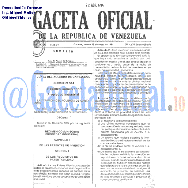 Gaceta Oficial 4676 del 18 Enero 1994