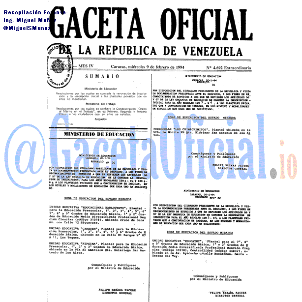 Gaceta Oficial 4692 del 9 Febrero 1994
