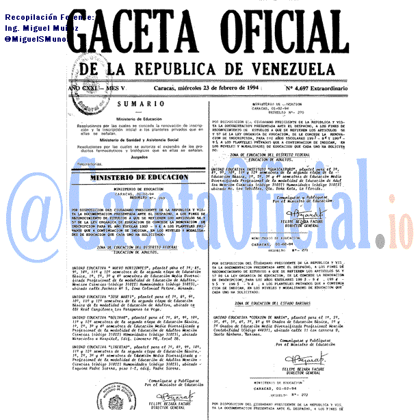 Gaceta Oficial 4697 del 23 Febrero 1994