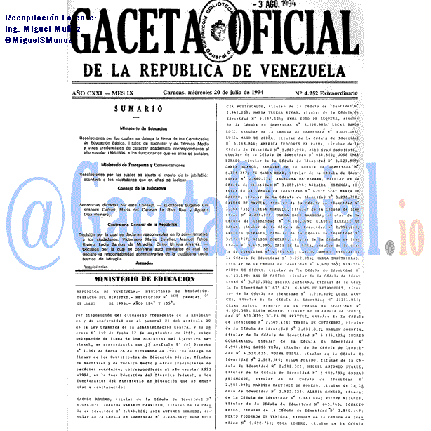 Gaceta Oficial 4752 del 20 Julio 1994