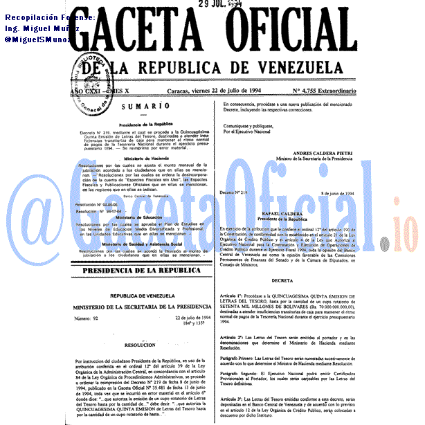 Gaceta Oficial 4755 del 22 Julio 1994