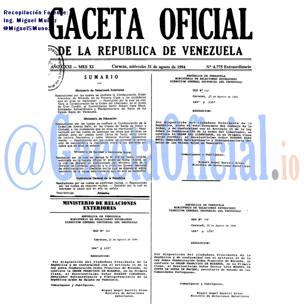Gaceta Oficial 4775 del 31 Agosto 1994