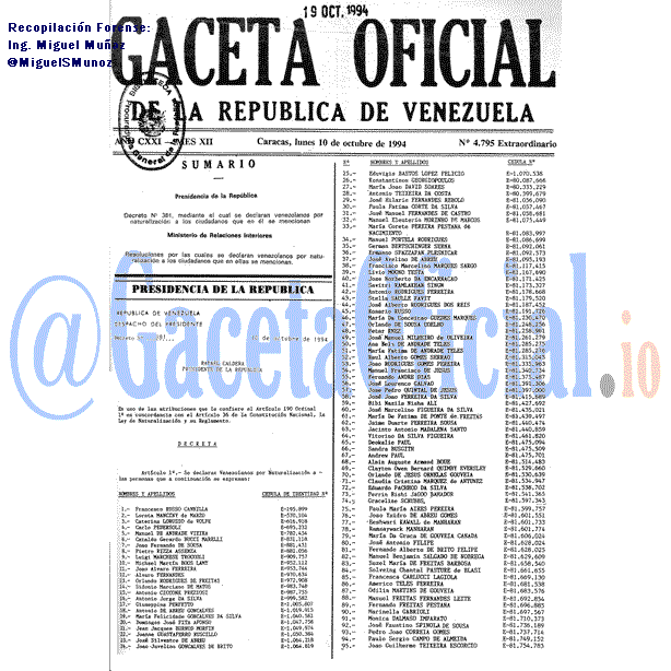 Gaceta Oficial 4795 del 10 Octubre 1994