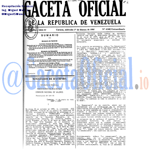 Gaceta Oficial 4848 del 1 Febrero 1995