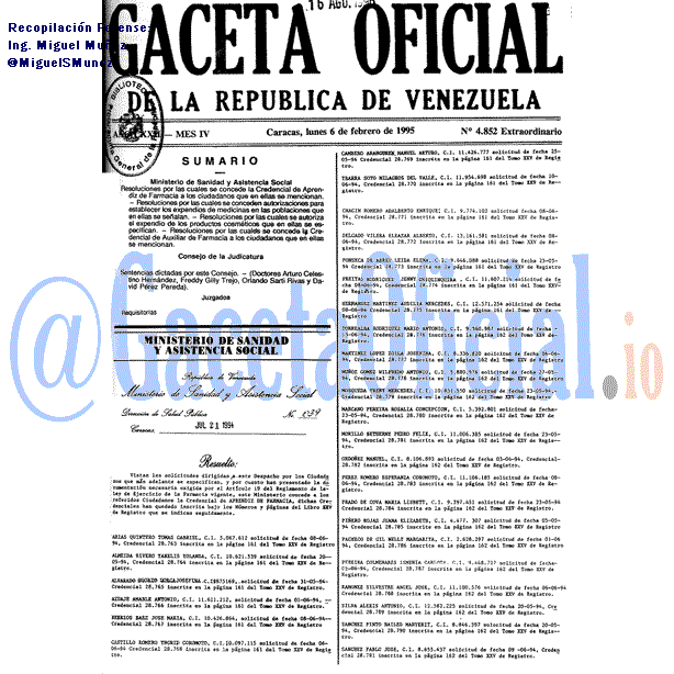 Gaceta Oficial 4852 del 6 Febrero 1995