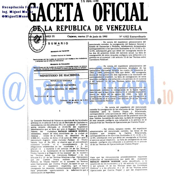 Gaceta Oficial 4922 del 27 Junio 1995