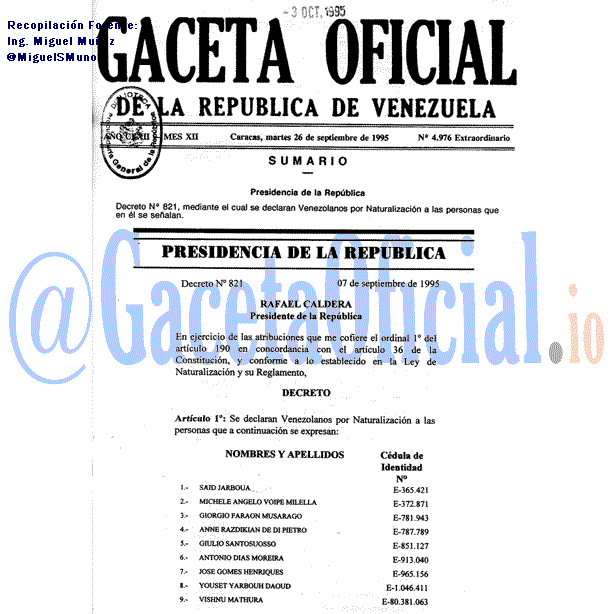Gaceta Oficial 4976 del 26 Septiembre 1995