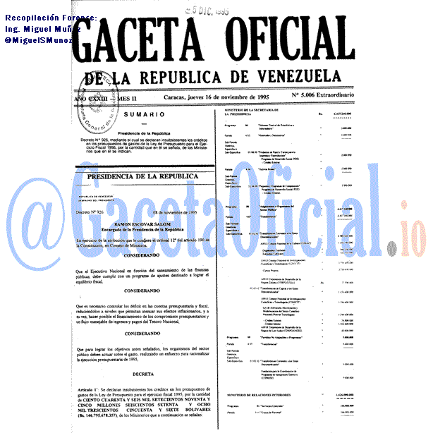 Gaceta Oficial 5006 del 16 Noviembre 1995