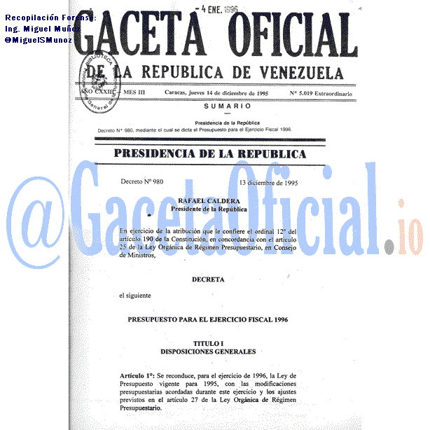 Gaceta Oficial 5019 del 14 Diciembre 1995