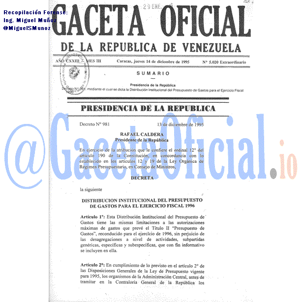 Gaceta Oficial 5020 del 14 Diciembre 1995