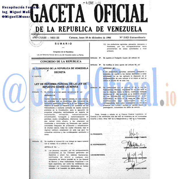 Gaceta Oficial 5023 del 18 Diciembre 1995