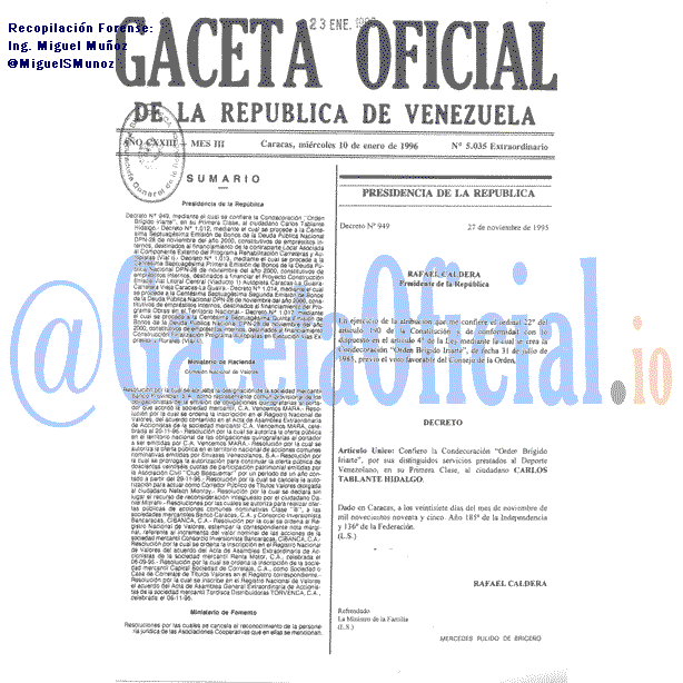 Gaceta Oficial 5035 del 10 Enero 1996