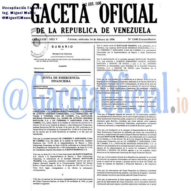 Gaceta Oficial 5040 del 14 Febrero 1996
