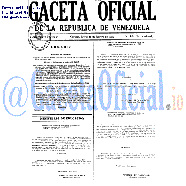 Gaceta Oficial 5041 del 15 Febrero 1996