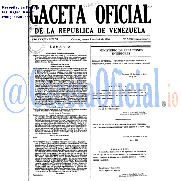 Gaceta Oficial 5058 del 9 Abril 1996