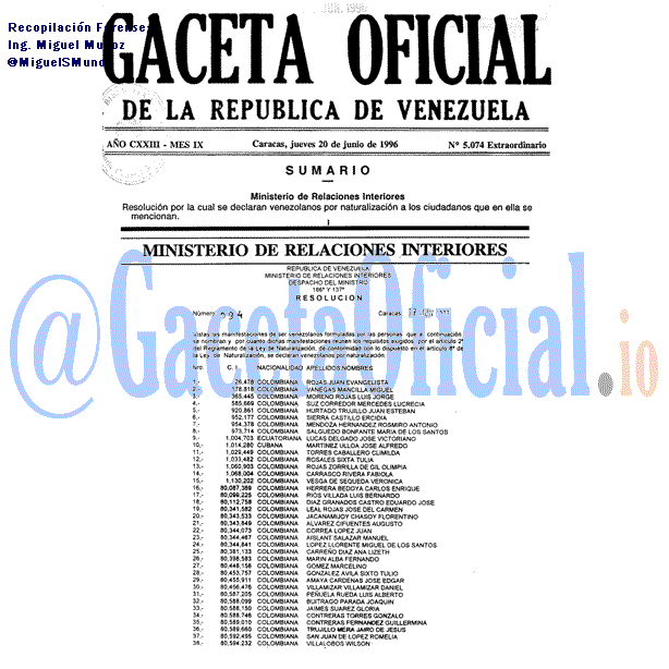 Gaceta Oficial 5074 del 20 Junio 1996