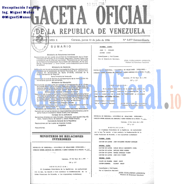 Gaceta Oficial 5077 del 11 Julio 1996