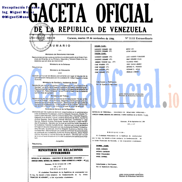 Gaceta Oficial 5111 del 19 Noviembre 1996