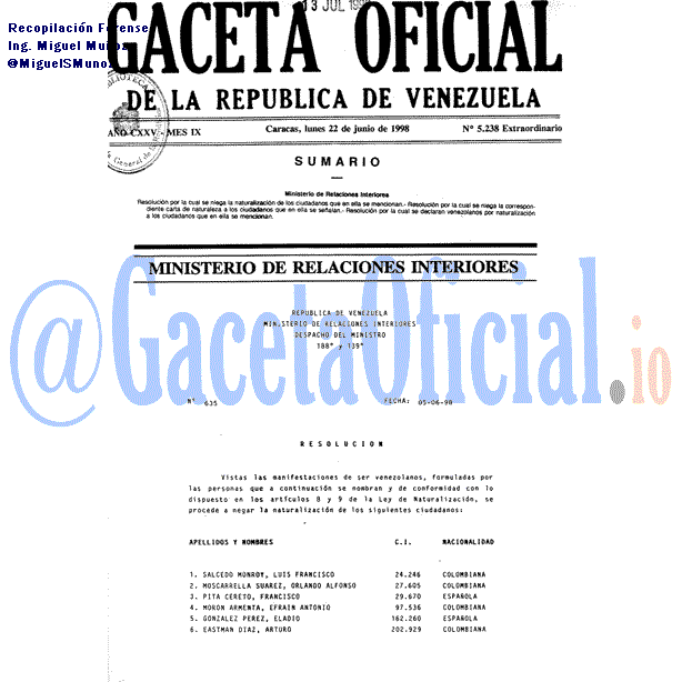 Gaceta Oficial 5238 del 22 Junio 1998