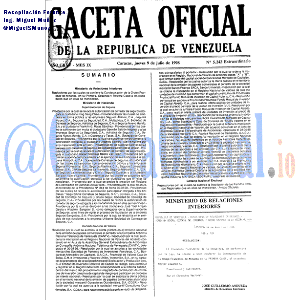 Gaceta Oficial 5243 del 9 Julio 1998