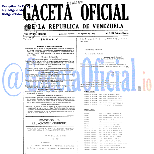 Gaceta Oficial 5254 del 21 Agosto 1998