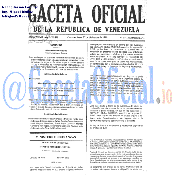 Gaceta Oficial 5418 del 27 Diciembre 1999