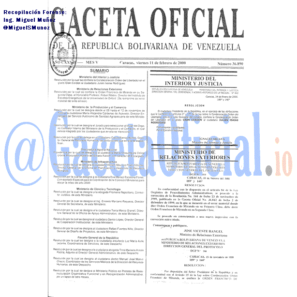 Gaceta Oficial 36890 del 11 Febrero 2000