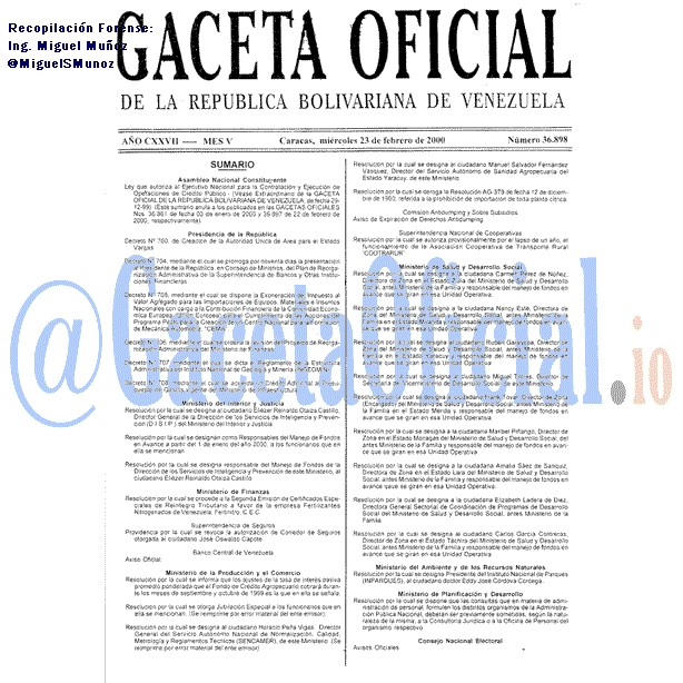 Gaceta Oficial 36898 del 23 Febrero 2000