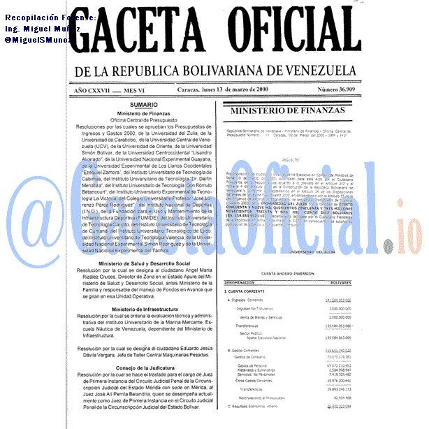 Gaceta Oficial 36909 del 13 Marzo 2000