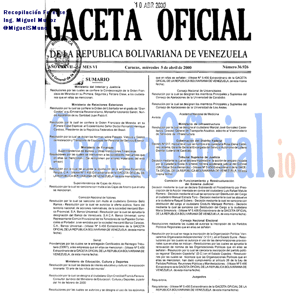 Gaceta Oficial 36926 del 5 Abril 2000