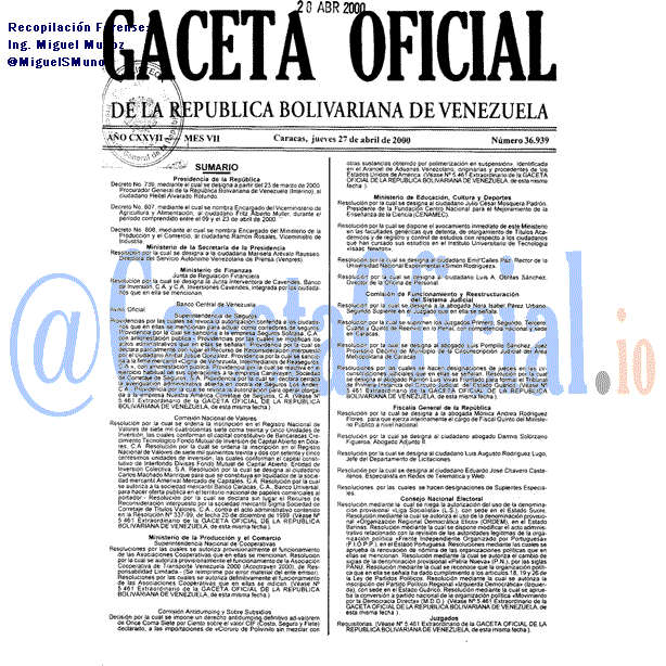 Gaceta Oficial 36939 del 27 Abril 2000