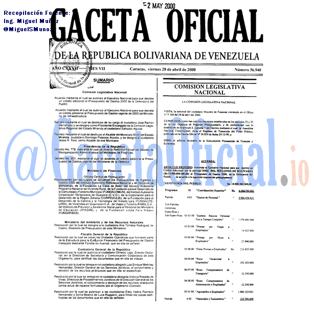 Gaceta Oficial 36940 del 28 Abril 2000