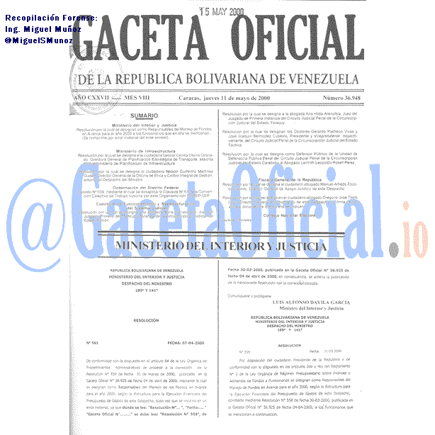 Gaceta Oficial 36948 del 11 Mayo 2000