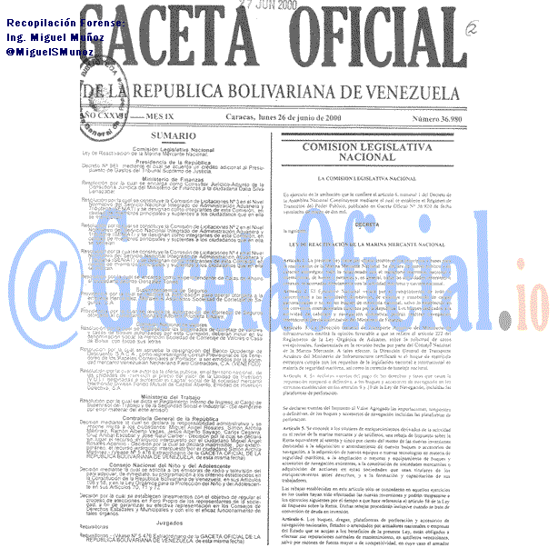 Gaceta Oficial 36980 del 26 Junio 2000