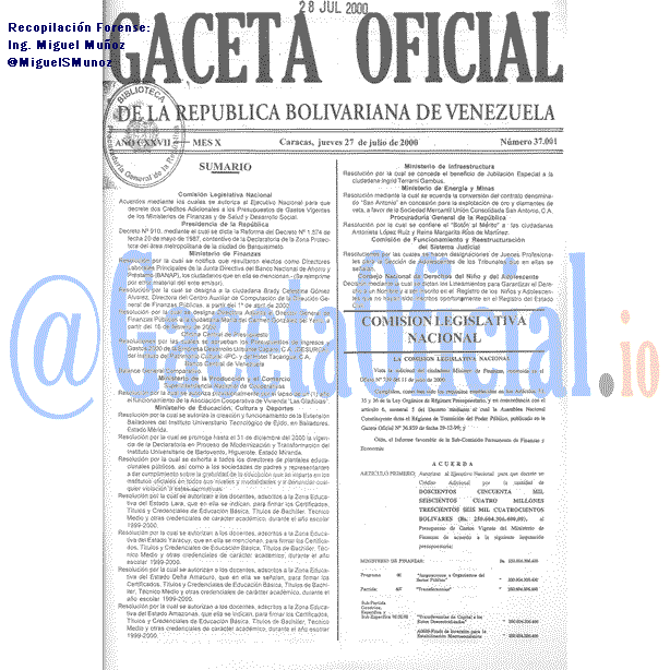 Gaceta Oficial 37001 del 27 Julio 2000