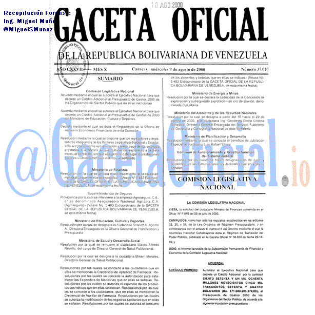 Gaceta Oficial 37010 del 9 Agosto 2000