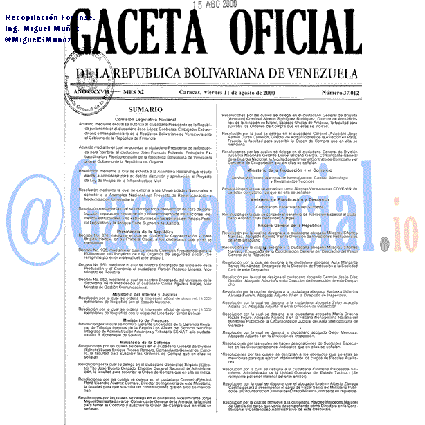 Gaceta Oficial 37012 del 11 Agosto 2000