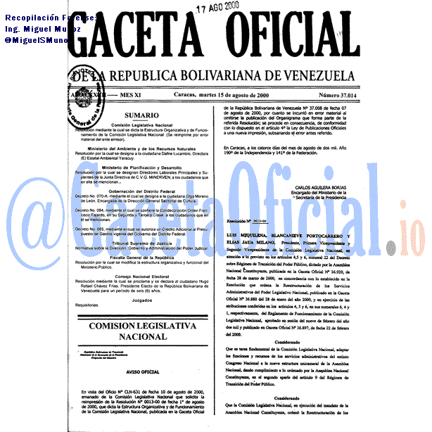 Gaceta Oficial 37014 del 15 Agosto 2000