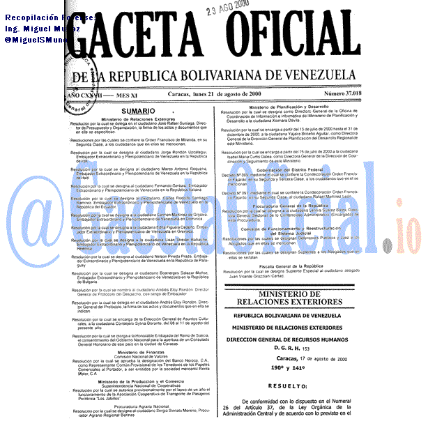 Gaceta Oficial 37018 del 21 Agosto 2000