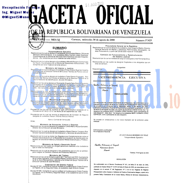 Gaceta Oficial 37025 del 30 Agosto 2000