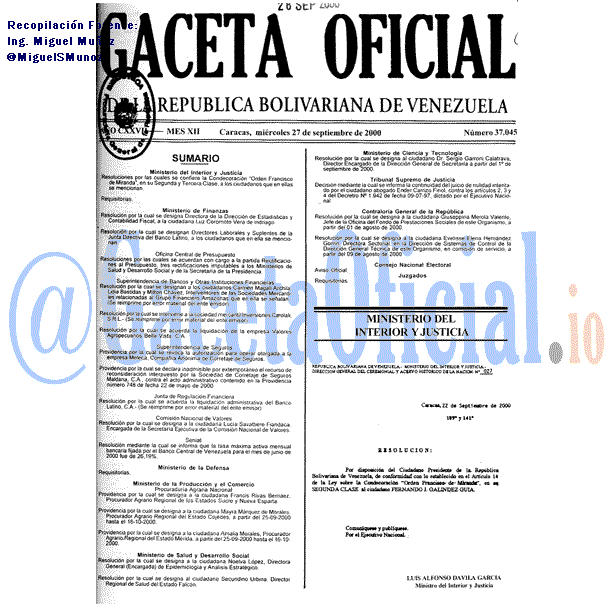 Gaceta Oficial 37045 del 27 Septiembre 2000