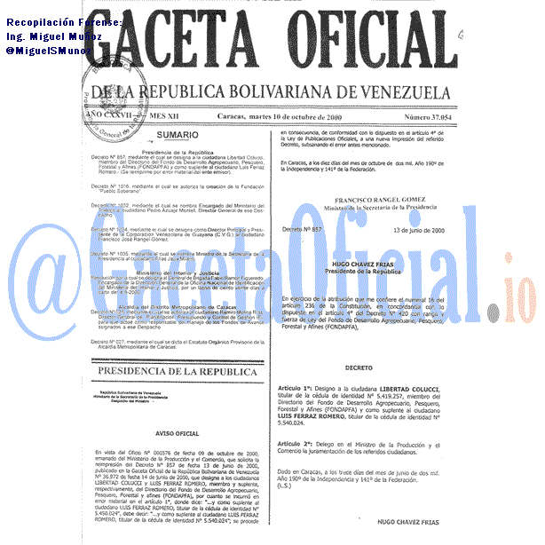 Gaceta Oficial 37054 del 10 Octubre 2000