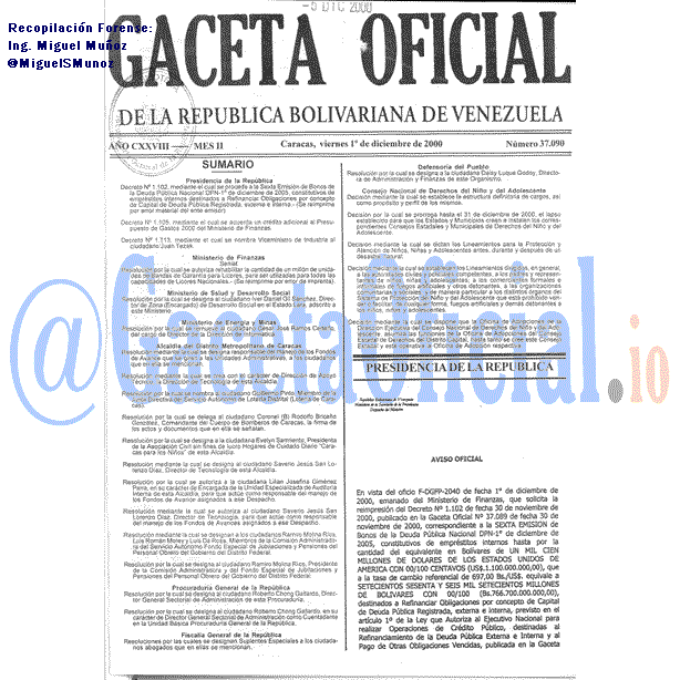 Gaceta Oficial 37090 del 1 Diciembre 2000