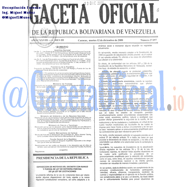 Gaceta Oficial 37097 del 12 Diciembre 2000