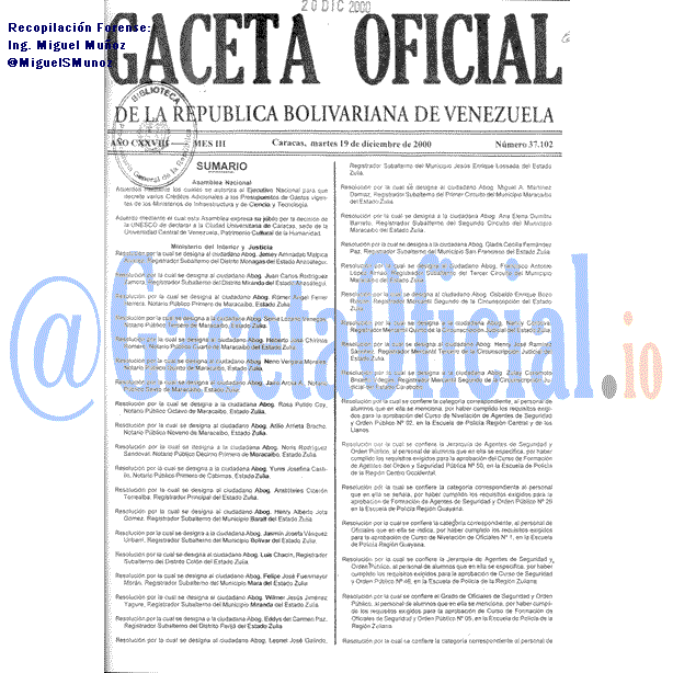 Gaceta Oficial 37102 del 19 Diciembre 2000