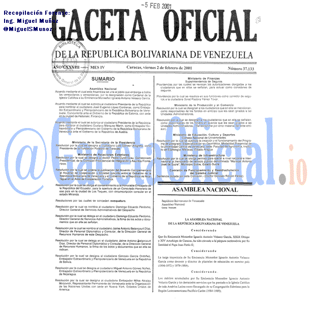 Gaceta Oficial 37133 del 2 Febrero 2001