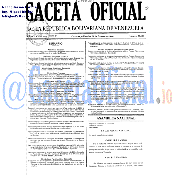 Gaceta Oficial 37145 del 21 Febrero 2001
