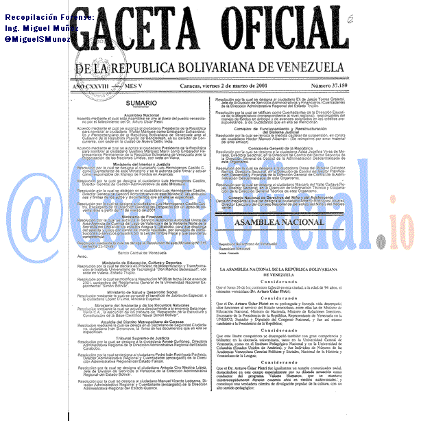 Gaceta Oficial 37150 del 2 Marzo 2001