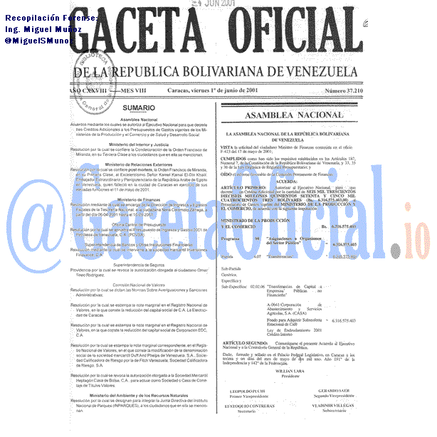 Gaceta Oficial 37210 del 1 Junio 2001